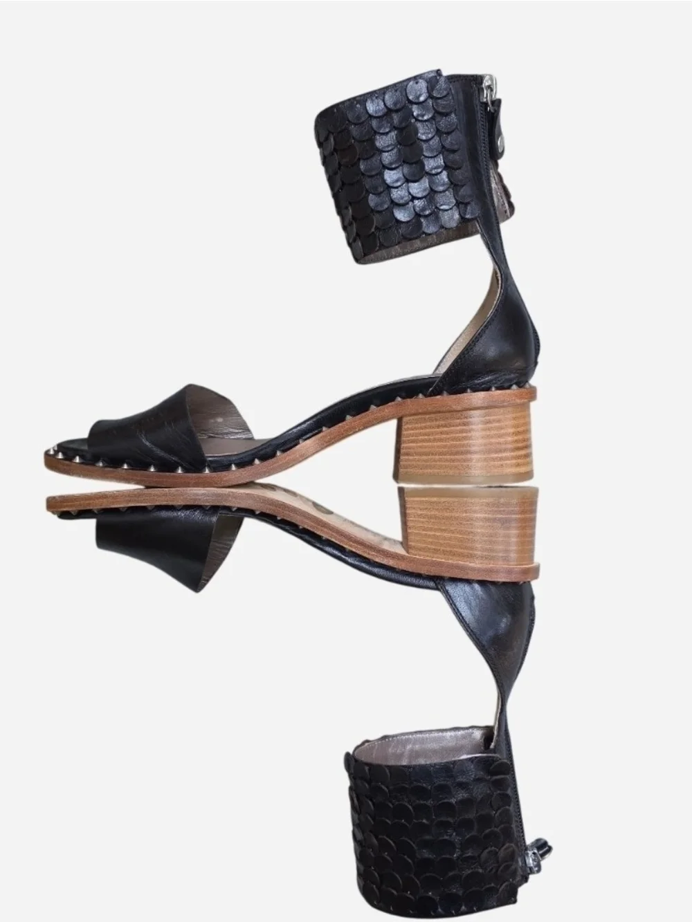 AGL Italian Black Leather Studded Block Heel Sandals, Scalloped Ankle Cuff 39/9